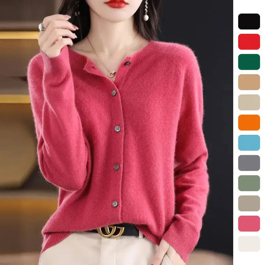 Fashion Merino Wool Cardigan Sweater Women O-Neck Long-sleeve Cashmere Knitwear Spring Autumn Female Clothing Tops Beyond Trends Hub