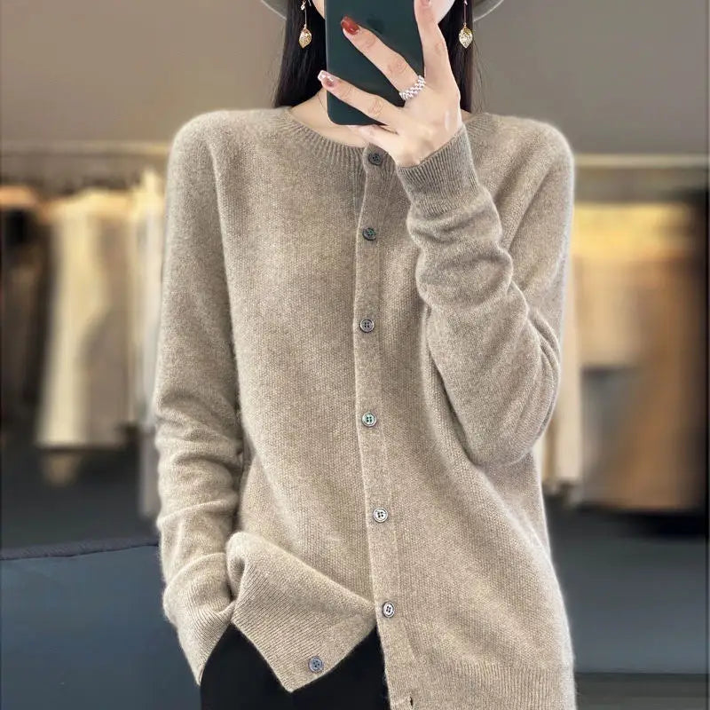 Fashion Merino Wool Cardigan Sweater Women O-Neck Long-sleeve Cashmere Knitwear Spring Autumn Female Clothing Tops Beyond Trends Hub