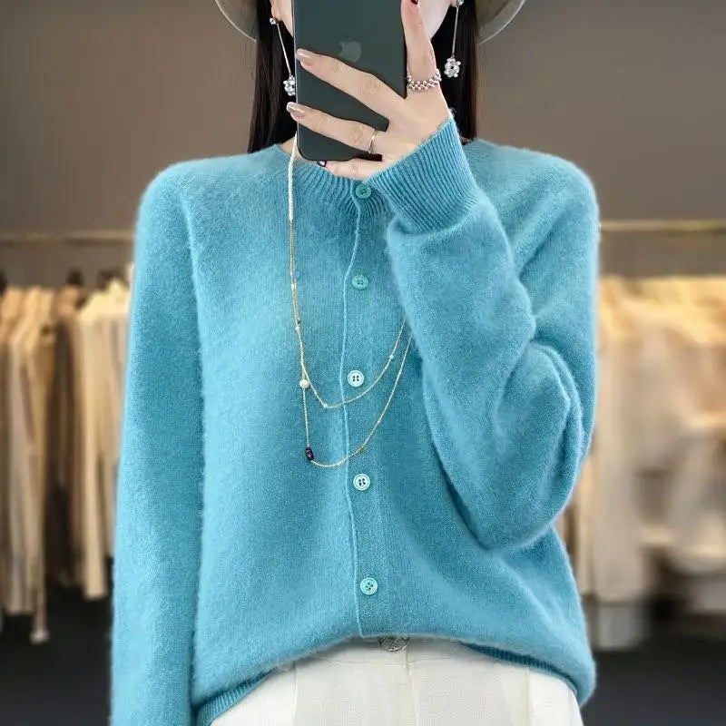 Fashion Merino Wool Cardigan Sweater Women O-Neck Long-sleeve Cashmere Knitwear Spring Autumn Female Clothing Tops Beyond Trends Hub