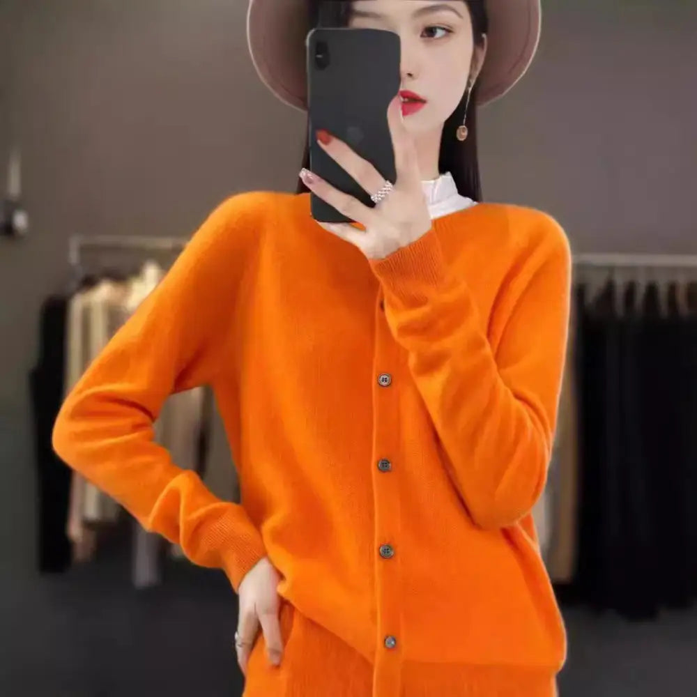 Fashion Merino Wool Cardigan Sweater Women O-Neck Long-sleeve Cashmere Knitwear Spring Autumn Female Clothing Tops Beyond Trends Hub