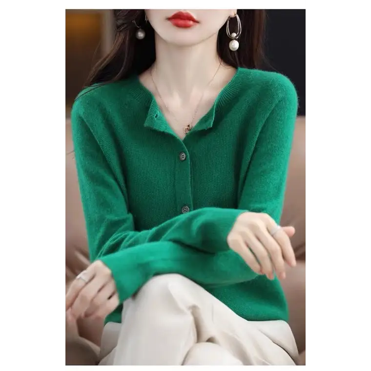 Fashion Merino Wool Cardigan Sweater Women O-Neck Long-sleeve Cashmere Knitwear Spring Autumn Female Clothing Tops Beyond Trends Hub