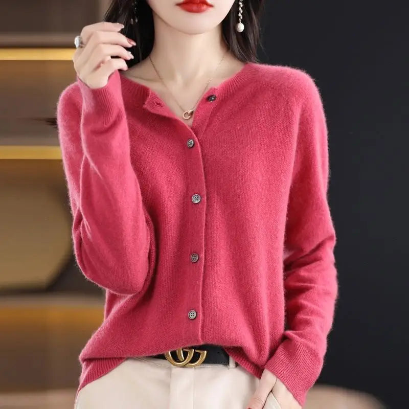Fashion Merino Wool Cardigan Sweater Women O-Neck Long-sleeve Cashmere Knitwear Spring Autumn Female Clothing Tops Beyond Trends Hub