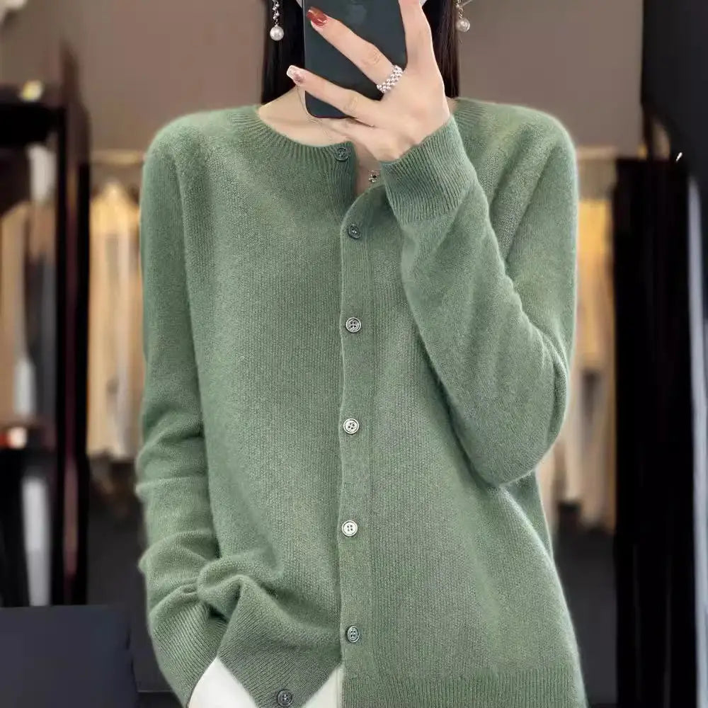 Fashion Merino Wool Cardigan Sweater Women O-Neck Long-sleeve Cashmere Knitwear Spring Autumn Female Clothing Tops Beyond Trends Hub