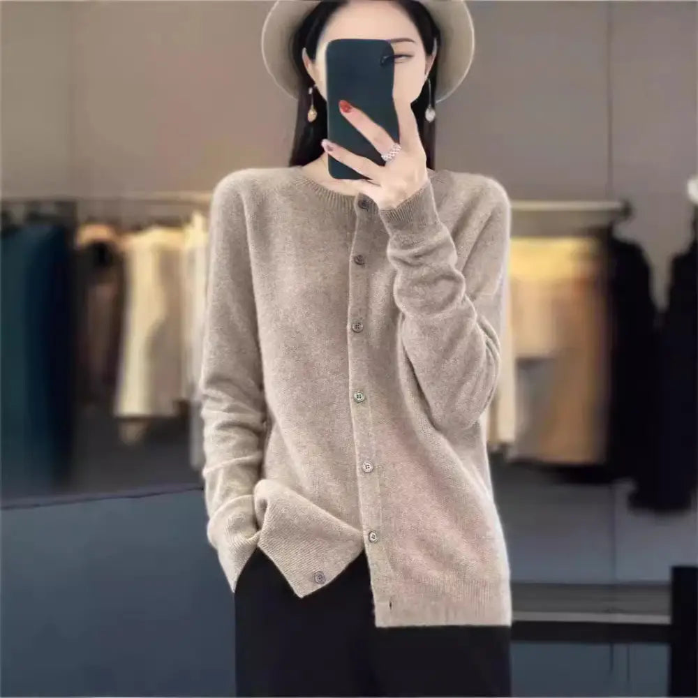 Fashion Merino Wool Cardigan Sweater Women O-Neck Long-sleeve Cashmere Knitwear Spring Autumn Female Clothing Tops Beyond Trends Hub