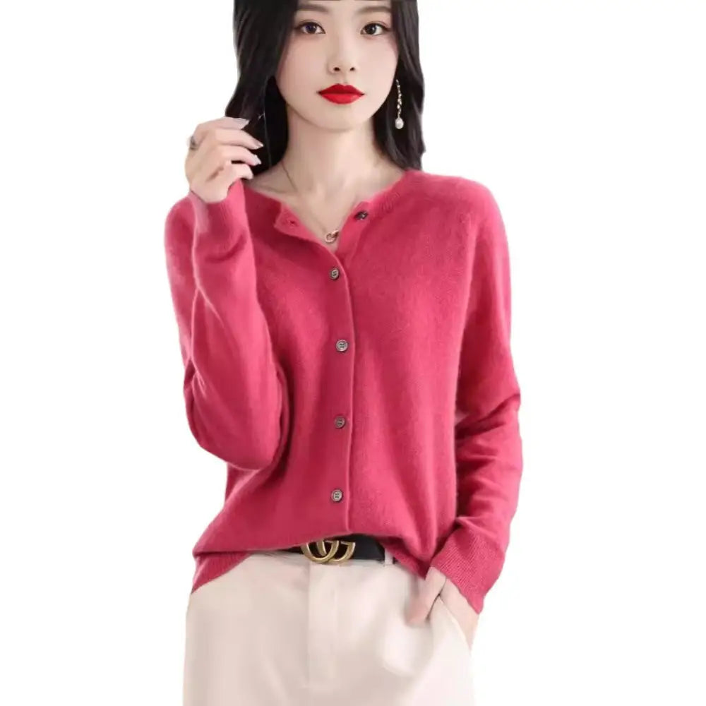 Fashion Merino Wool Cardigan Sweater Women O-Neck Long-sleeve Cashmere Knitwear Spring Autumn Female Clothing Tops Beyond Trends Hub