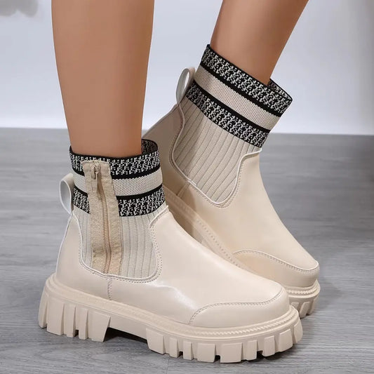 Fashion Mid-tube Boots With Zipper Design Non-slip Thick Sole Elastic Knitted Patchwork Boots For Women Round Toe Shoes Winter Beyond Trends Hub