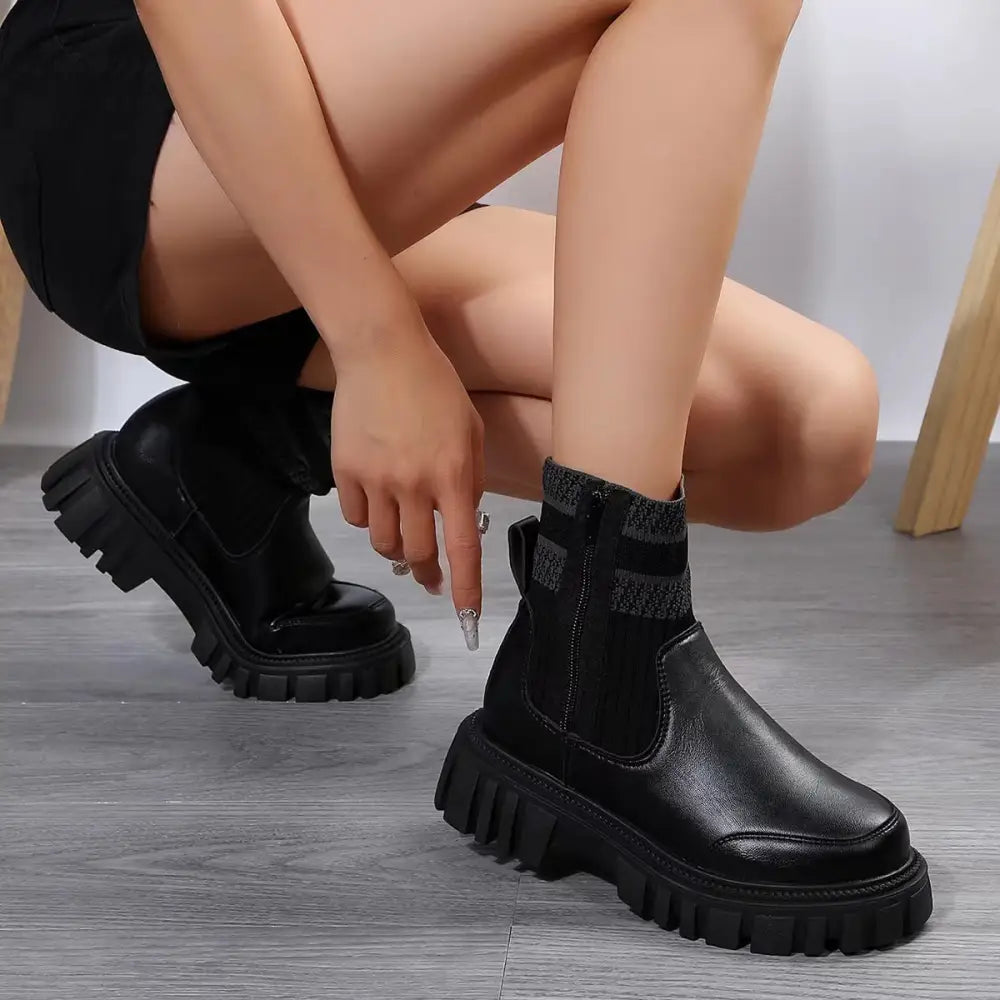 Fashion Mid-tube Boots With Zipper Design Non-slip Thick Sole Elastic Knitted Patchwork Boots For Women Round Toe Shoes Winter Beyond Trends Hub