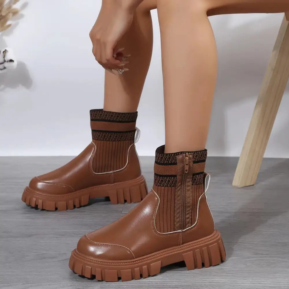 Fashion Mid-tube Boots With Zipper Design Non-slip Thick Sole Elastic Knitted Patchwork Boots For Women Round Toe Shoes Winter Beyond Trends Hub