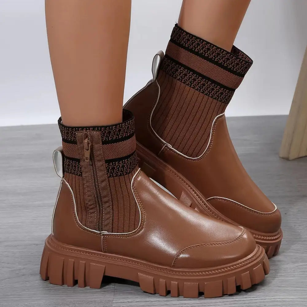 Fashion Mid-tube Boots With Zipper Design Non-slip Thick Sole Elastic Knitted Patchwork Boots For Women Round Toe Shoes Winter Beyond Trends Hub