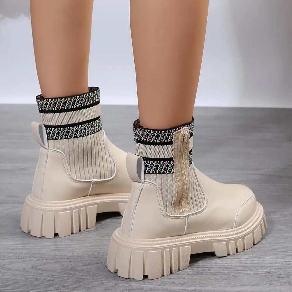 Fashion Mid-tube Boots With Zipper Design Non-slip Thick Sole Elastic Knitted Patchwork Boots For Women Round Toe Shoes Winter Beyond Trends Hub