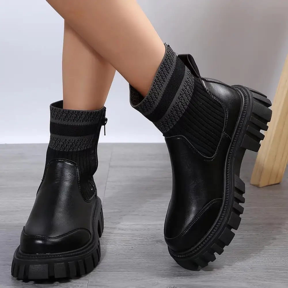 Fashion Mid-tube Boots With Zipper Design Non-slip Thick Sole Elastic Knitted Patchwork Boots For Women Round Toe Shoes Winter Beyond Trends Hub