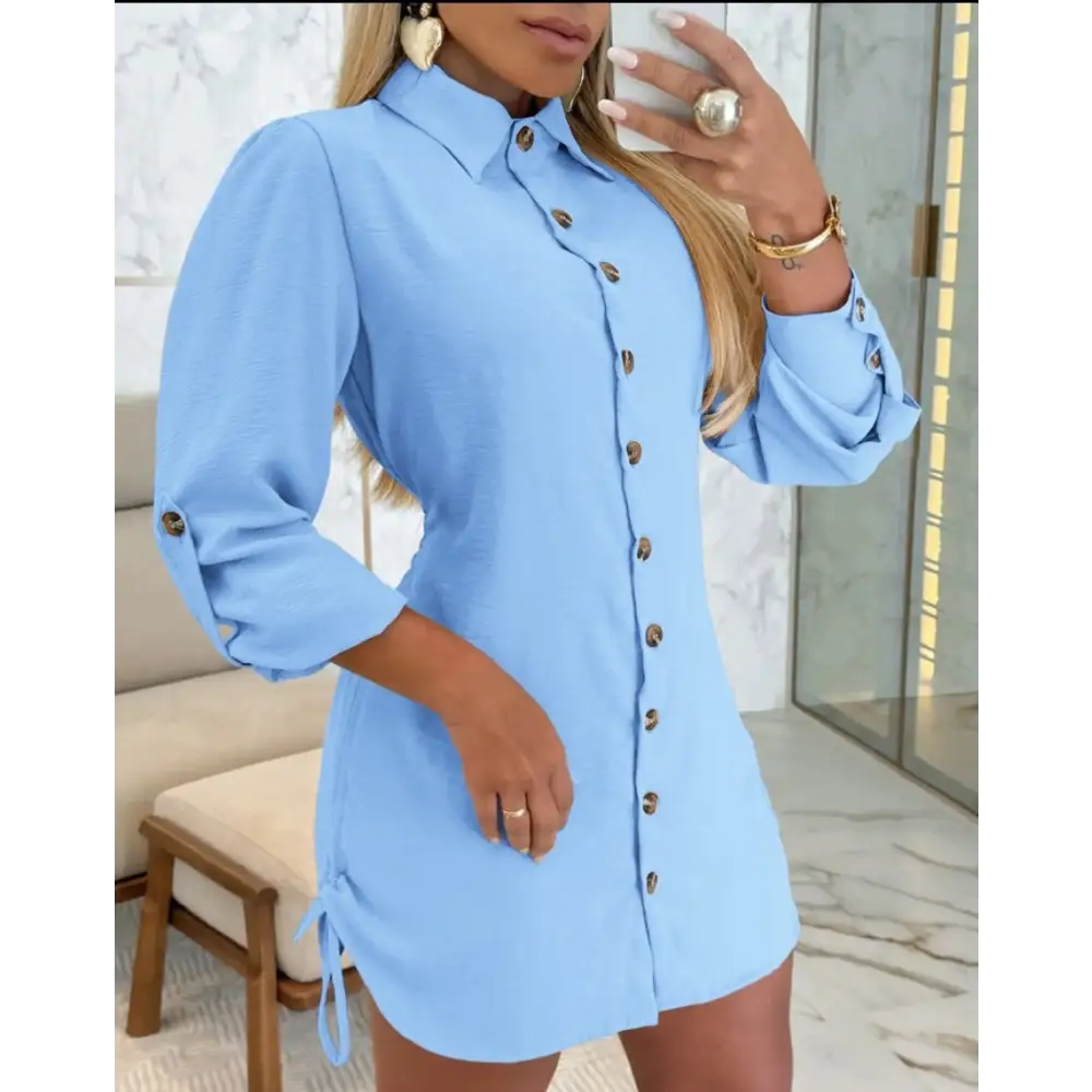 Fashion Personality Drawstring Solid Color Dress Women - Blue / S