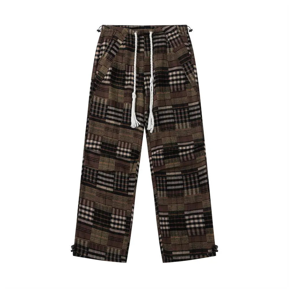 Fashion Plaid Casual Straight Trousers Men - Brown / S