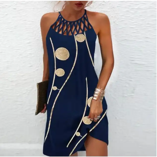 Fashion Print Dress Casual Halterneck Dresses For Women Summer Clothes - Dark blue / S - 4