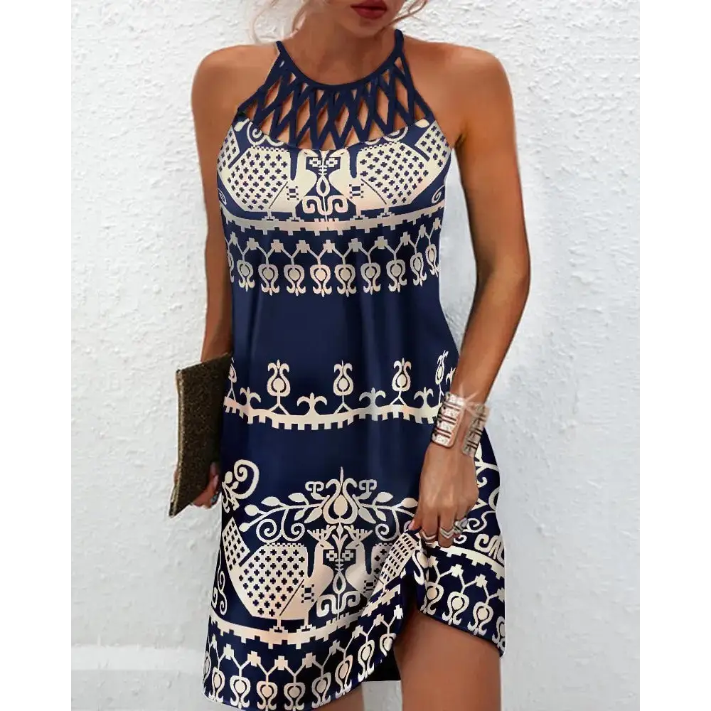 Fashion Print Dress Casual Halterneck Dresses For Women Summer Clothes - Blue vintage print / S - 4