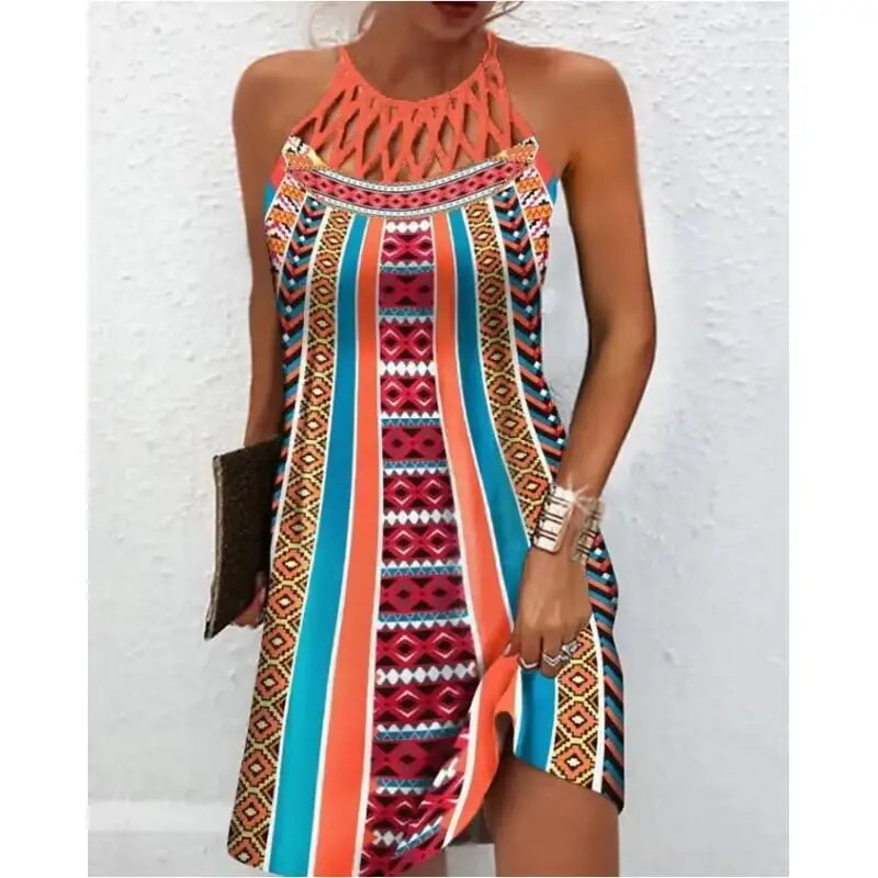 Fashion Print Dress Casual Halterneck Dresses For Women Summer Clothes - Rainbow color / S - 4