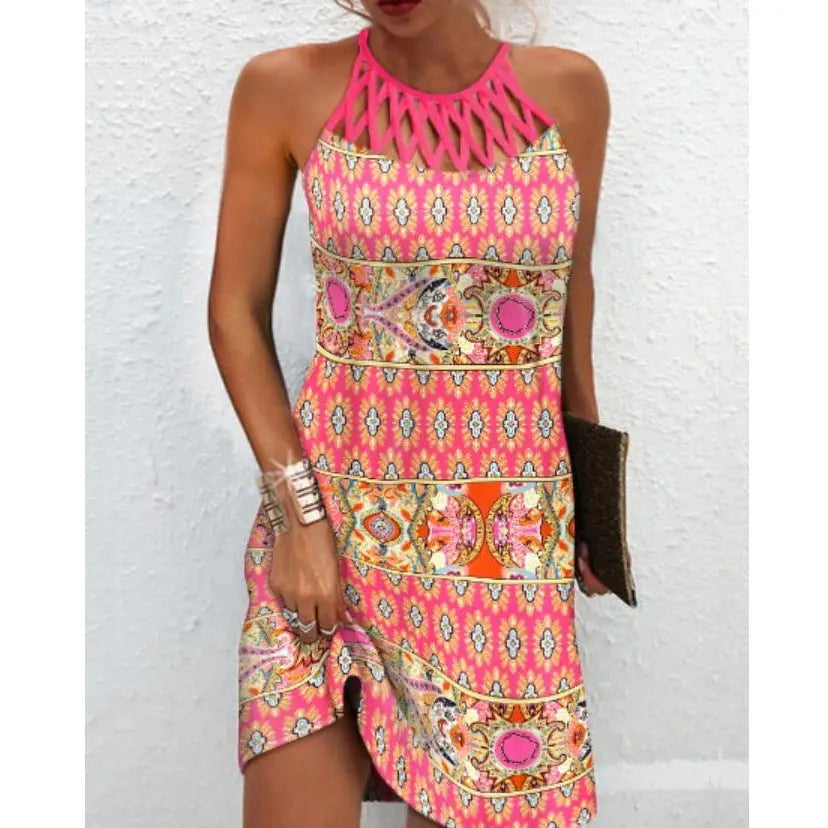 Fashion Print Dress Casual Halterneck Dresses For Women Summer Clothes - Pink vintage print / S - 4