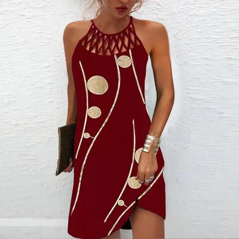 Fashion Print Dress Casual Halterneck Dresses For Women Summer Clothes - Burgundy / S - 4