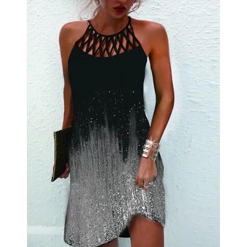 Fashion Print Dress Casual Halterneck Dresses For Women Summer Clothes - Gradient black / S - 4