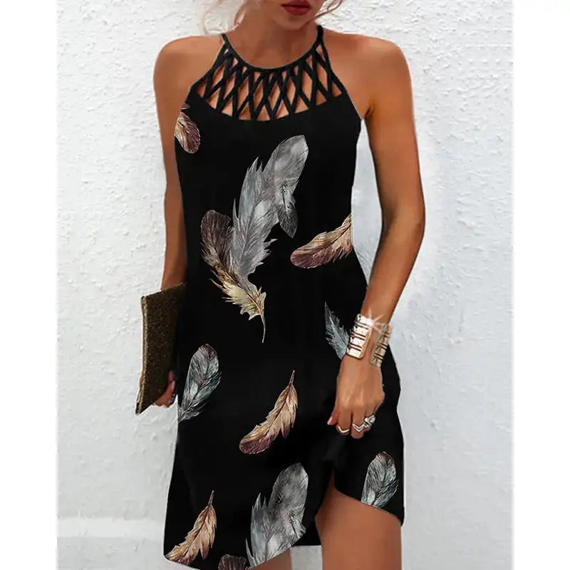 Fashion Print Dress Casual Halterneck Dresses For Women Summer Clothes - Black feather / S - 4