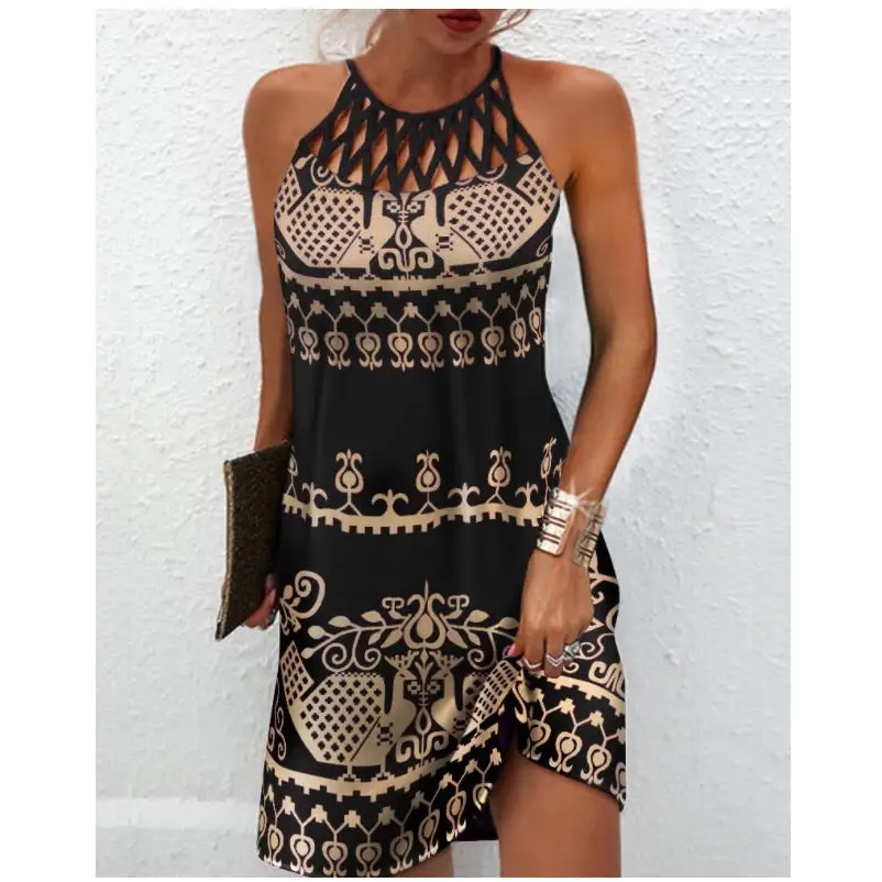 Fashion Print Dress Casual Halterneck Dresses For Women Summer Clothes - Black vintage print / S - 4