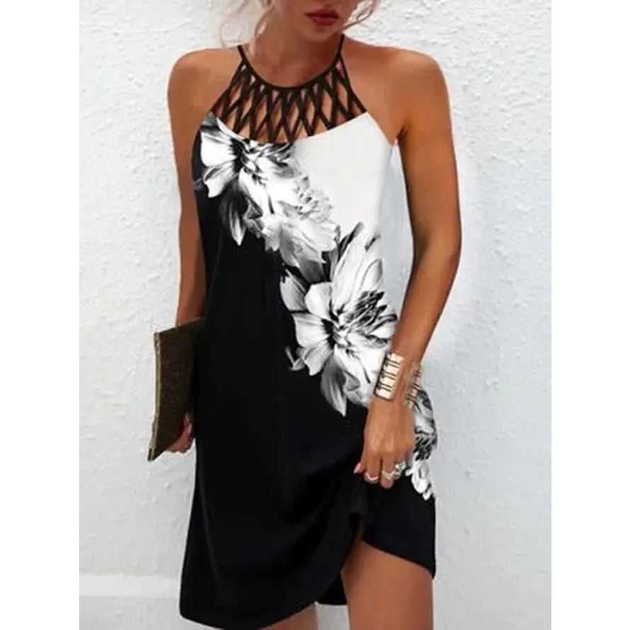 Fashion Print Dress Casual Halterneck Dresses For Women Summer Clothes - White flower / S - 4
