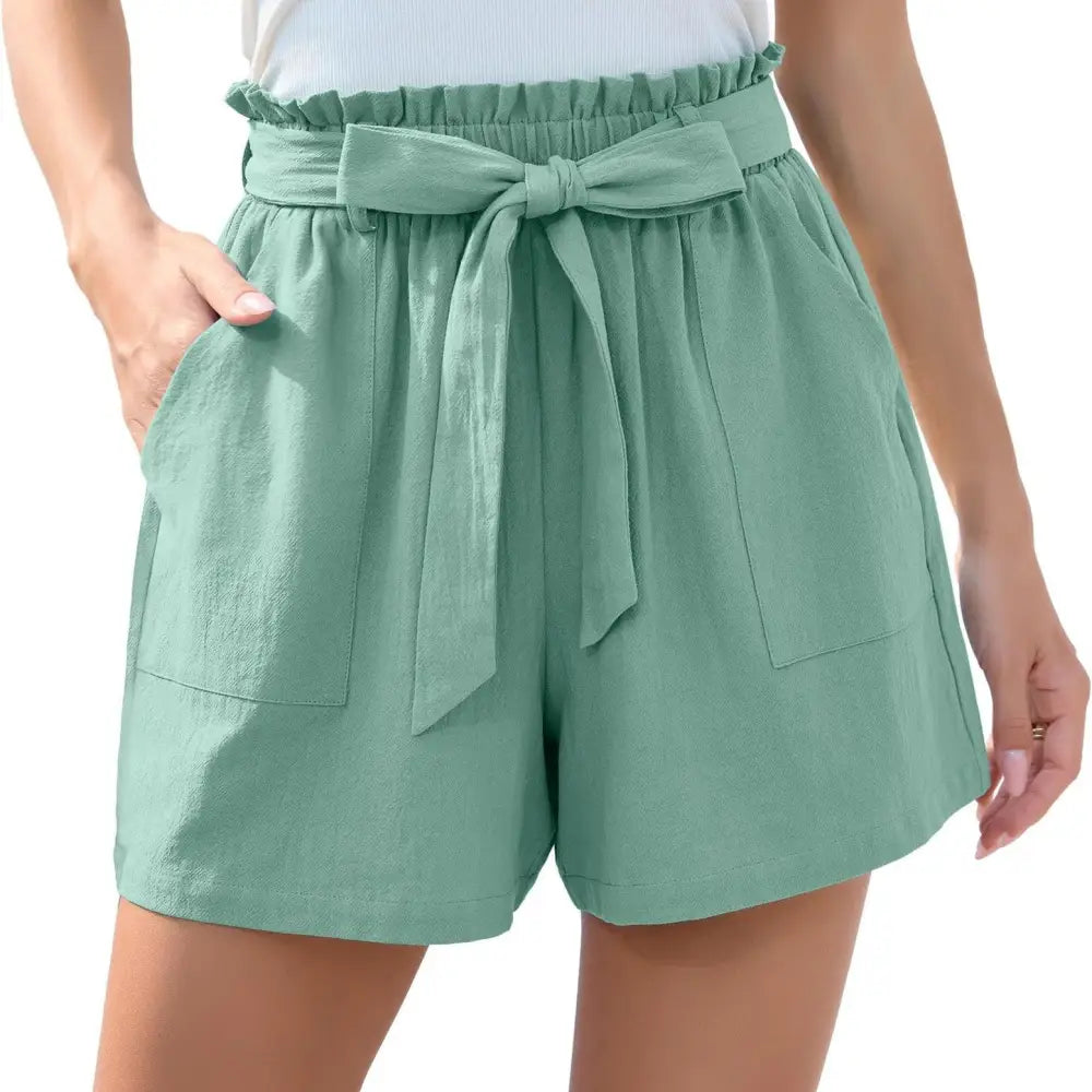 Fashion Ruffle Bow Waist Tie Shorts Summer Beach Pants With Pockets Womens Clothing - Beyond Trends Hub 