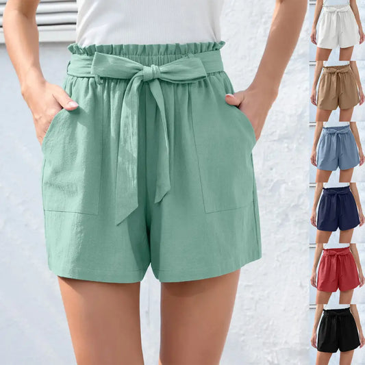 Fashion Ruffle Bow Waist Tie Shorts Summer Beach Pants With Pockets Womens Clothing - Beyond Trends Hub 
