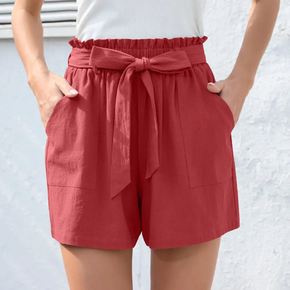 Fashion Ruffle Bow Waist Tie Shorts Summer Beach Pants With Pockets Womens Clothing - Beyond Trends Hub 
