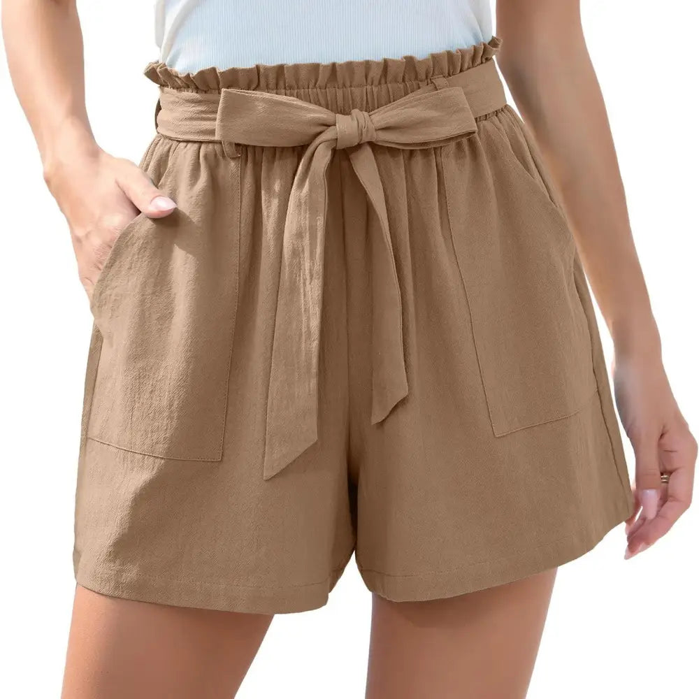 Fashion Ruffle Bow Waist Tie Shorts Summer Beach Pants With Pockets Womens Clothing - Beyond Trends Hub 