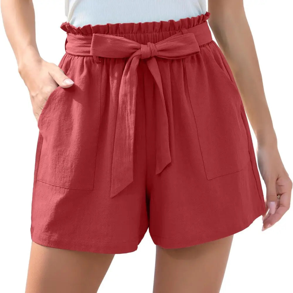 Fashion Ruffle Bow Waist Tie Shorts Summer Beach Pants With Pockets Womens Clothing - Beyond Trends Hub 