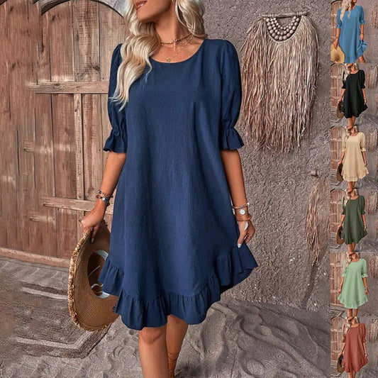 Fashion Ruffle Short-sleeved Dress Summer Solid Color Round Neck Loose Straight Dresses Womens Clothing Beyond Trends Hub