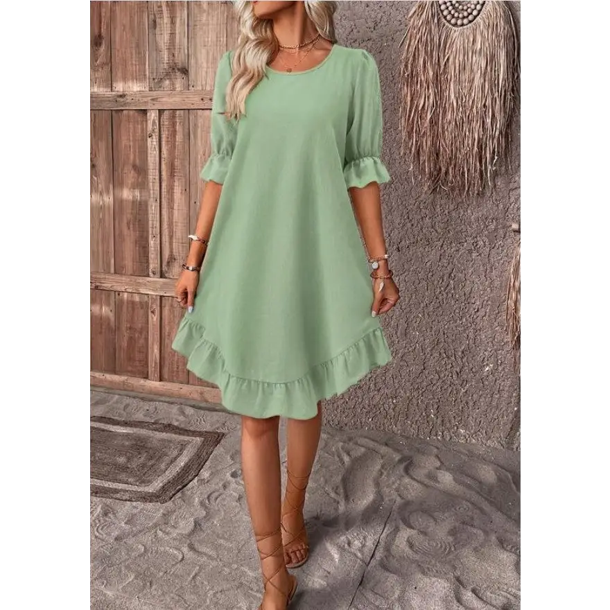 Fashion Ruffle Short-sleeved Dress Summer Solid Color Round Neck Loose Straight Dresses Womens Clothing Beyond Trends Hub