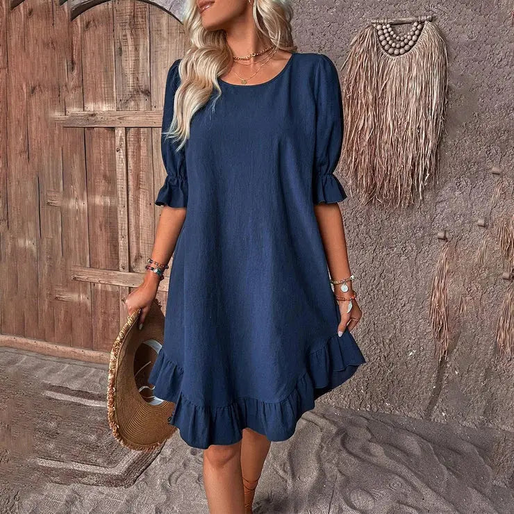 Fashion Ruffle Short-sleeved Dress Summer Solid Color Round Neck Loose Straight Dresses Womens Clothing Beyond Trends Hub
