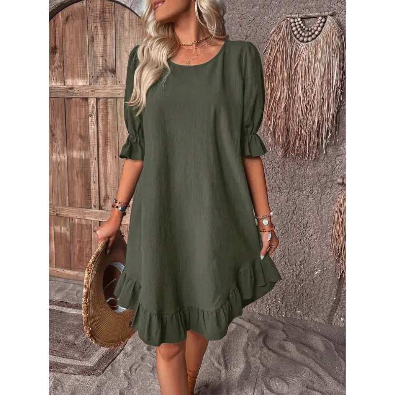 Fashion Ruffle Short-sleeved Dress Summer Solid Color Round Neck Loose Straight Dresses Womens Clothing Beyond Trends Hub