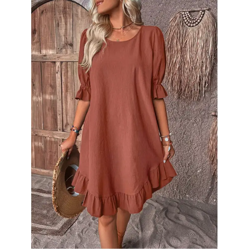 Fashion Ruffle Short-sleeved Dress Summer Solid Color Round Neck Loose Straight Dresses Womens Clothing Beyond Trends Hub