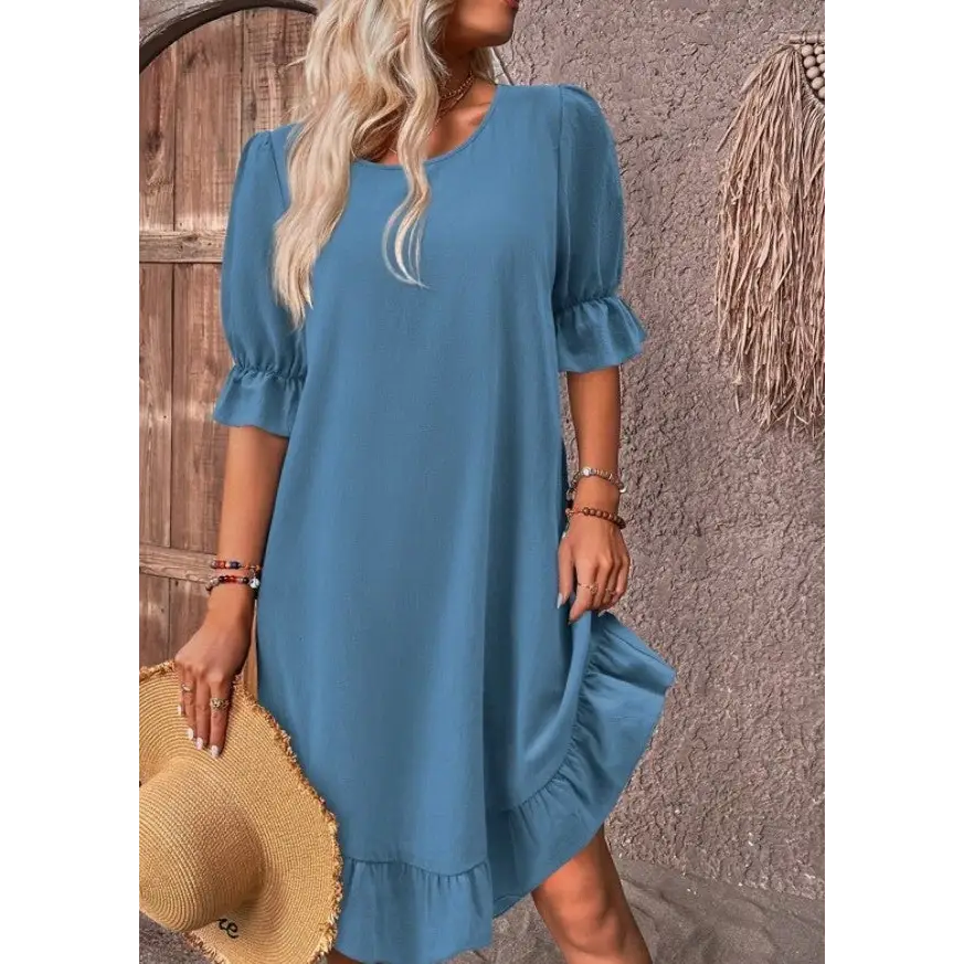 Fashion Ruffle Short-sleeved Dress Summer Solid Color Round Neck Loose Straight Dresses Womens Clothing Beyond Trends Hub