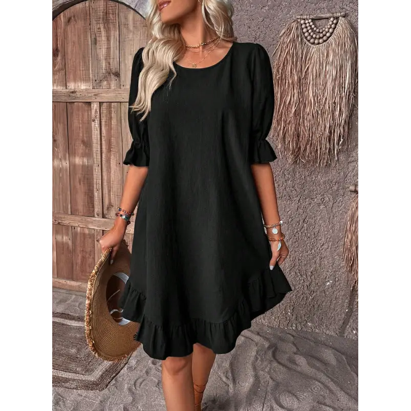 Fashion Ruffle Short-sleeved Dress Summer Solid Color Round Neck Loose Straight Dresses Womens Clothing Beyond Trends Hub