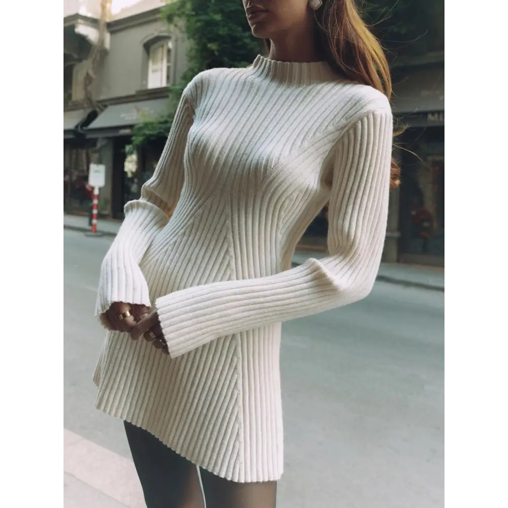 Fashion Solid Ribbed Knitted Dress Fall And Winter Slim-fit Stand-up Collar A-line Dresses Women’s Clothing