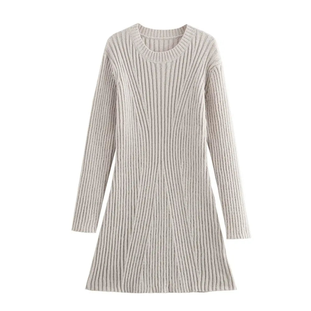 Fashion Solid Ribbed Knitted Dress Fall And Winter Slim-fit Stand-up Collar A-line Dresses Women’s Clothing - Light