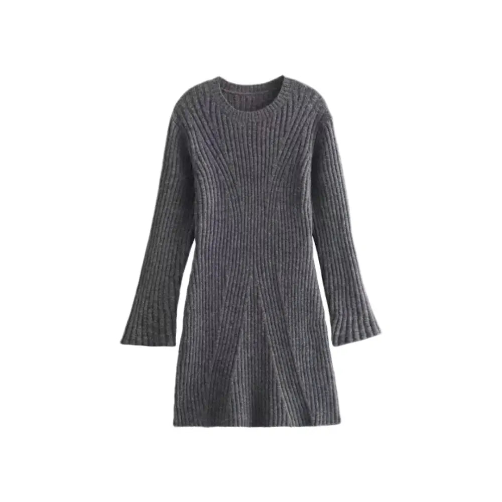 Fashion Solid Ribbed Knitted Dress Fall And Winter Slim-fit Stand-up Collar A-line Dresses Women’s Clothing - Gray / L