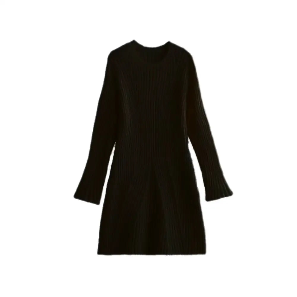 Fashion Solid Ribbed Knitted Dress Fall And Winter Slim-fit Stand-up Collar A-line Dresses Women’s Clothing - Black / L