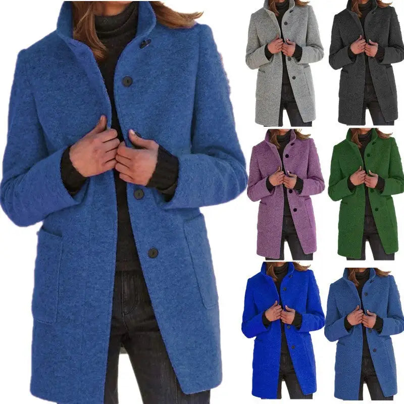 Fashion Stand Collar Woolen Coat With Pockets Fall Winter Casual Button Outwear For Women Clothing Beyond Trends Hub