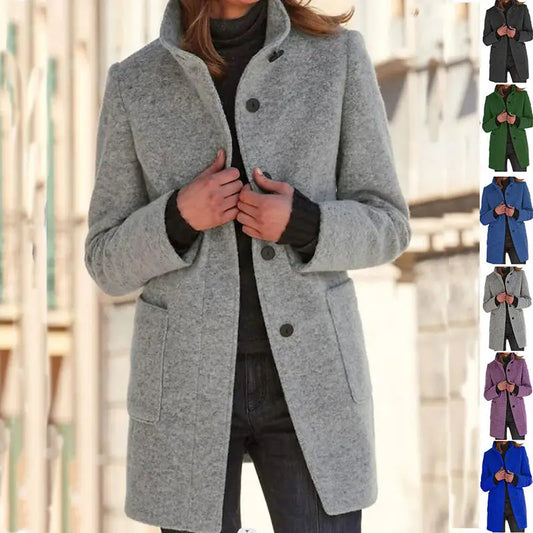 Fashion Stand Collar Woolen Coat With Pockets Fall Winter Casual Button Outwear For Women Clothing Beyond Trends Hub