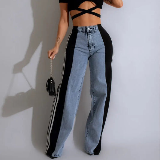Fashion Stitching Wide Leg Denim Trousers Women's High Waist Stretchy Straight-leg Pants Beyond Trends Hub
