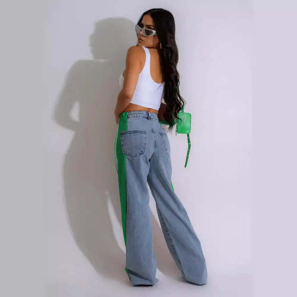 Fashion Stitching Wide Leg Denim Trousers Women's High Waist Stretchy Straight-leg Pants Beyond Trends Hub