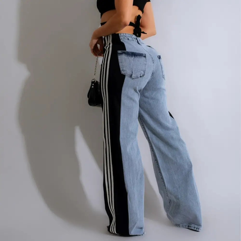 Fashion Stitching Wide Leg Denim Trousers Women's High Waist Stretchy Straight-leg Pants Beyond Trends Hub