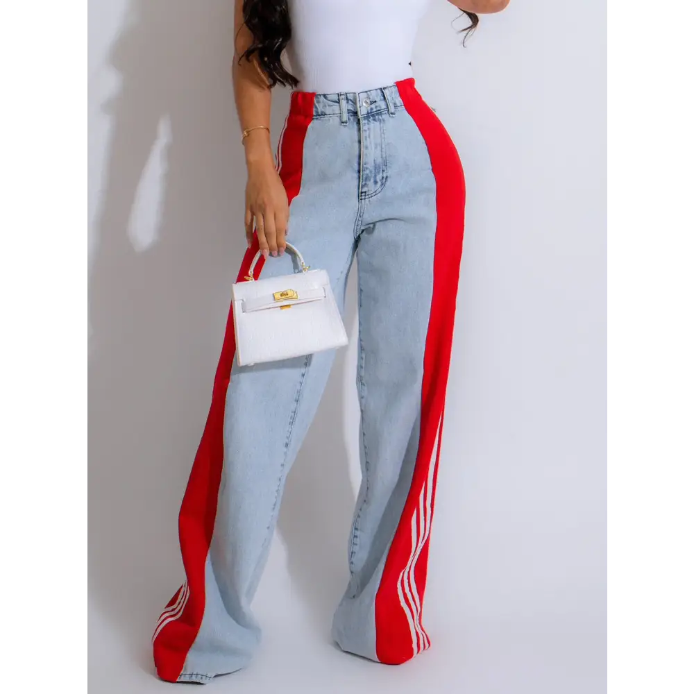 Fashion Stitching Wide Leg Denim Trousers Women's High Waist Stretchy Straight-leg Pants Beyond Trends Hub