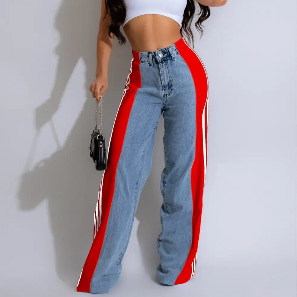 Fashion Stitching Wide Leg Denim Trousers Women's High Waist Stretchy Straight-leg Pants Beyond Trends Hub