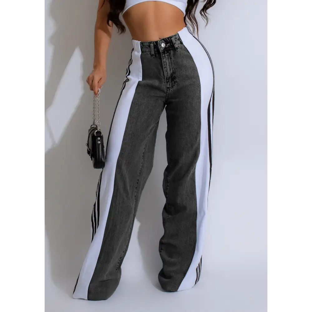 Fashion Stitching Wide Leg Denim Trousers Women's High Waist Stretchy Straight-leg Pants Beyond Trends Hub